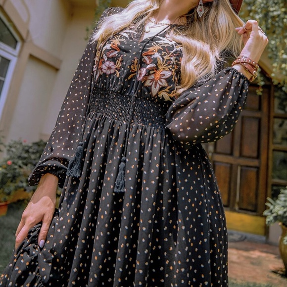 Boho Embroidered Floral Polka Dot Ruffle Dress - Picture 13 of 15